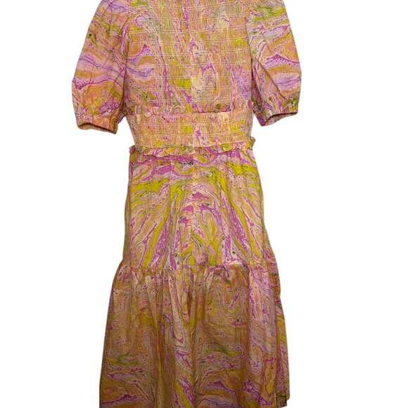 Jessie Zhao Astrid Marble Smocked Midi Dress Pink Yellow Size 2 NWT Cotton - Picture 6 of 6